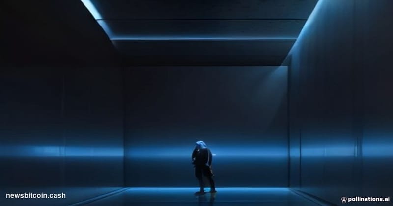 A cinematic photorealistic editorial photograph shot at ground level looking up at a sleek, glass-and-steel blockchain startu