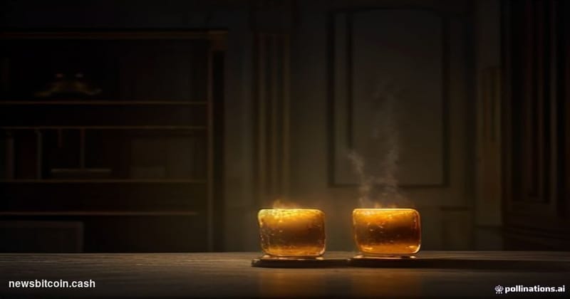 Cinematic photorealistic editorial photograph of a dramatic split-scene composition: on the left, a stack of gold bars bathed