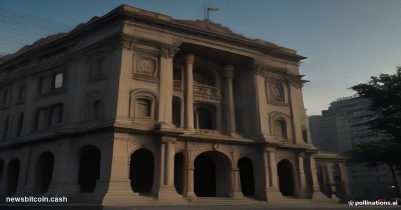 Cinematic photorealistic editorial photograph of the Reserve Bank of India's imposing colonial-era headquarters in Mumbai, sh