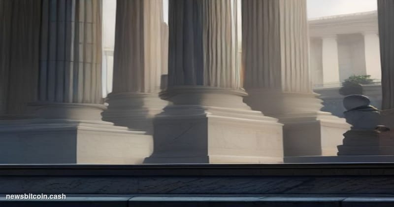 Cinematic photorealistic editorial photograph of the imposing neoclassical facade of the U.S. Office of the Comptroller of th