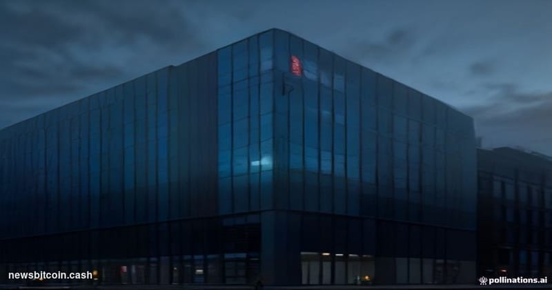 Cinematic photorealistic editorial photograph of Revolut's London headquarters exterior at dusk, shot from a low angle lookin