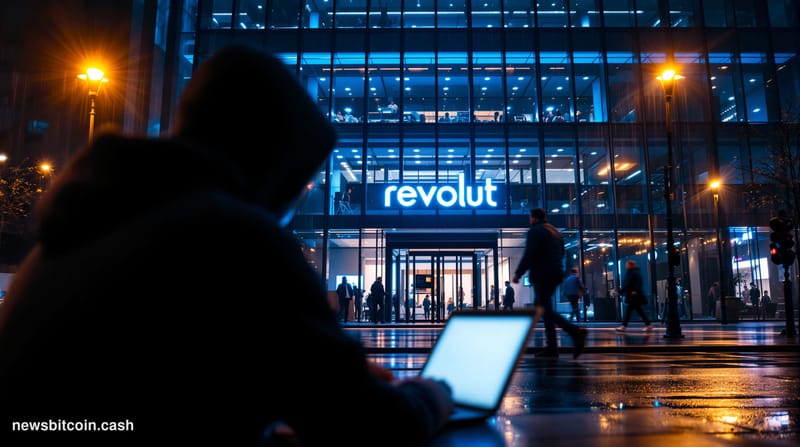 Cinematic photorealistic editorial photograph of Revolut's London headquarters at night, shot from a low angle looking up at 