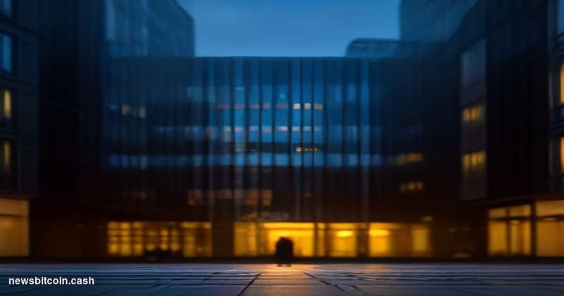 Cinematic photorealistic editorial photograph of Revolut's London headquarters exterior at dusk, the building's glass facade 