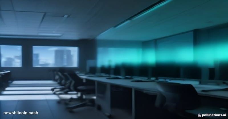 Cinematic photorealistic editorial photograph of a sleek European fintech office environment — glass-walled, minimalist, with