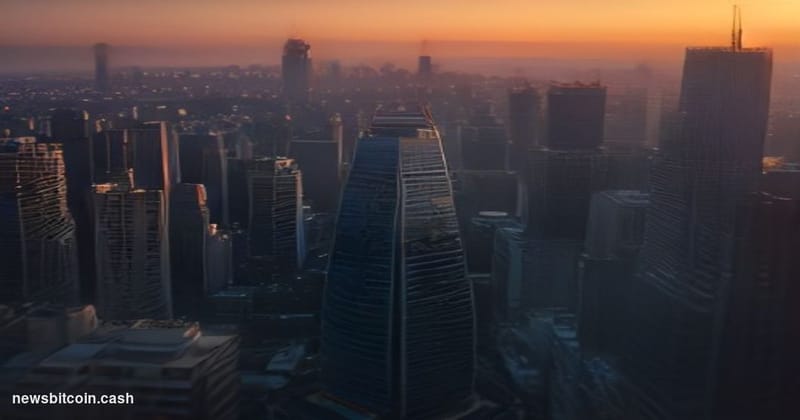 Cinematic photorealistic editorial photograph of a dramatic aerial view of Mexico City's financial district at dusk, with the