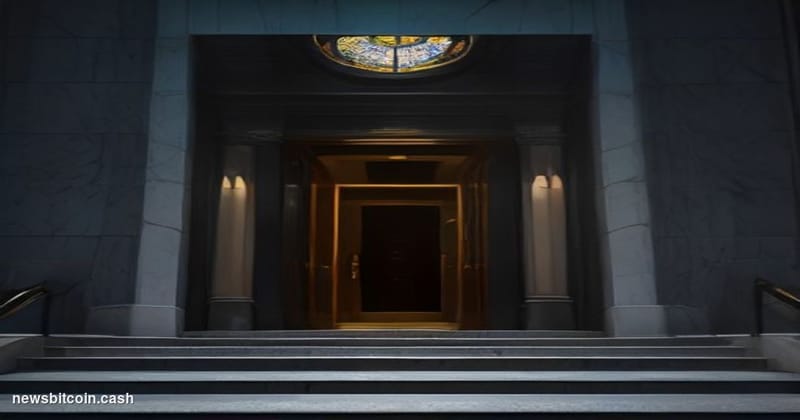 A cinematic photorealistic editorial photograph shot from a low angle looking up at a glass-and-steel financial district cour