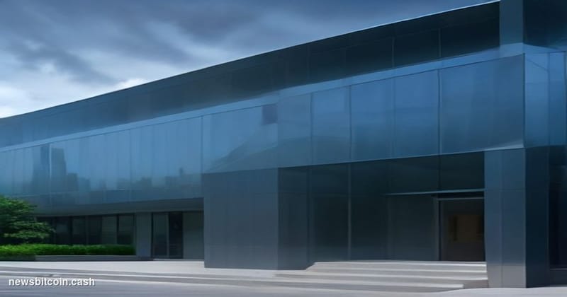 A cinematic photorealistic editorial photograph shot at a low angle looking up at Robinhood's Menlo Park corporate headquarte
