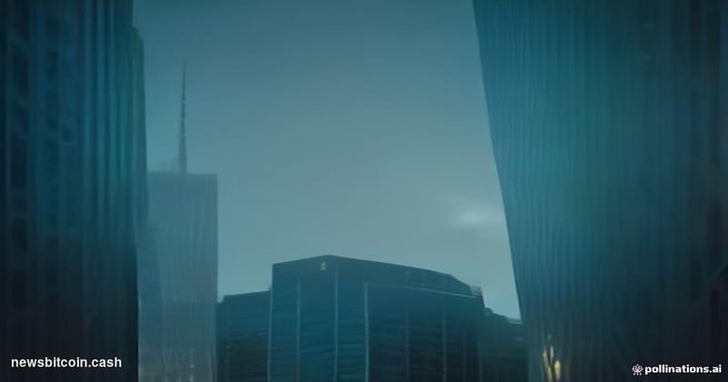 A cinematic photorealistic editorial photograph shot at a low angle looking up at a modern glass-and-steel financial technolo