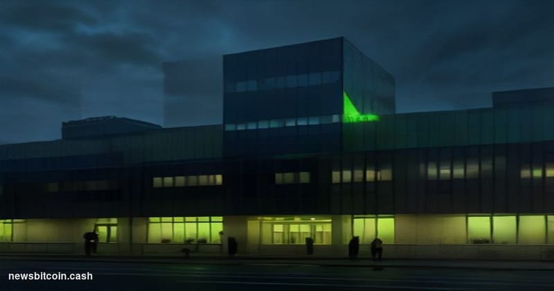 Cinematic photorealistic editorial photograph of a sleek, glass-and-steel financial technology campus at dusk, with two disti