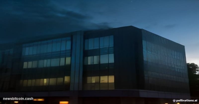 A dramatic cinematic editorial photograph of the Robinhood Markets headquarters building in Menlo Park, California, shot from
