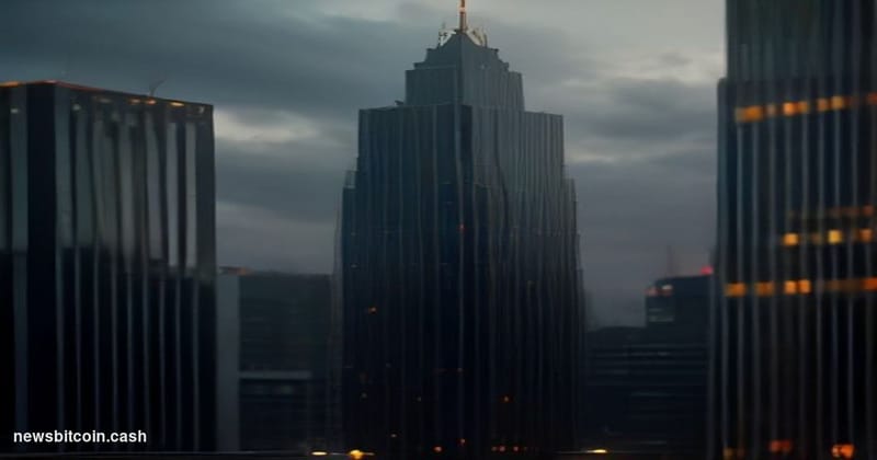 Cinematic photorealistic editorial photograph set in Mexico City's financial district at dusk, with the iconic Torre Mayor sk