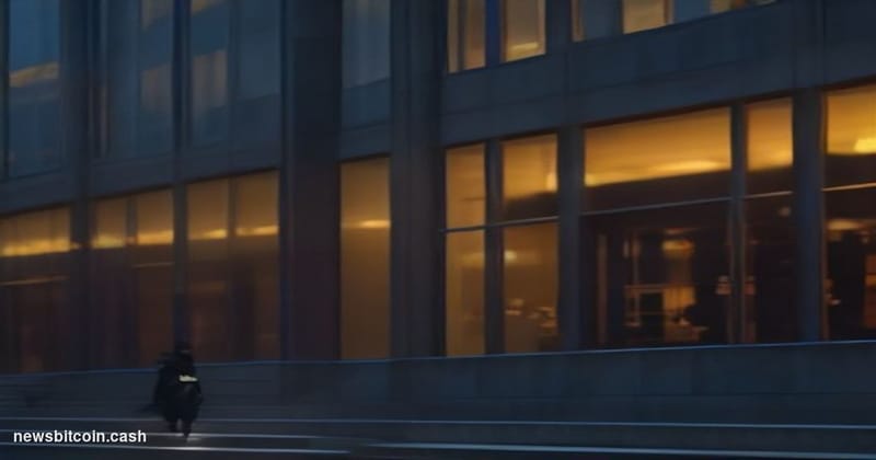 Cinematic photorealistic editorial photograph of Michael Saylor's Strategy corporate headquarters exterior at dusk, warm ambe