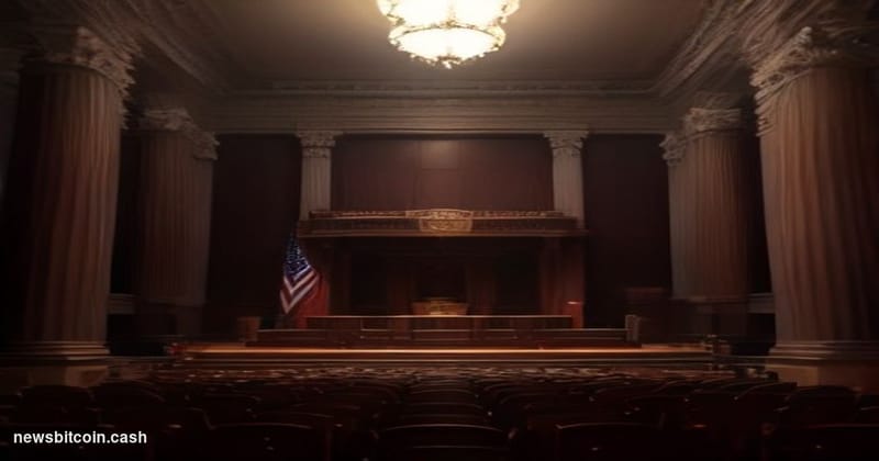 A cinematic photorealistic editorial photograph set inside a grand U.S. Senate hearing chamber, shot from a low angle looking