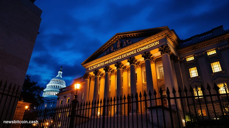 Cinematic photorealistic editorial photograph of the exterior of the U.S. Securities and Exchange Commission headquarters in 