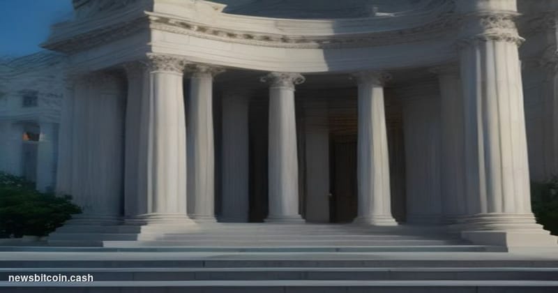 A cinematic photorealistic editorial photograph shot at dusk outside the neoclassical facade of the SEC headquarters building