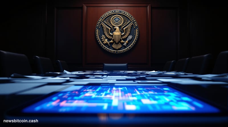 A cinematic photorealistic editorial photograph set inside a grand federal regulatory hearing chamber, shot from a low angle 