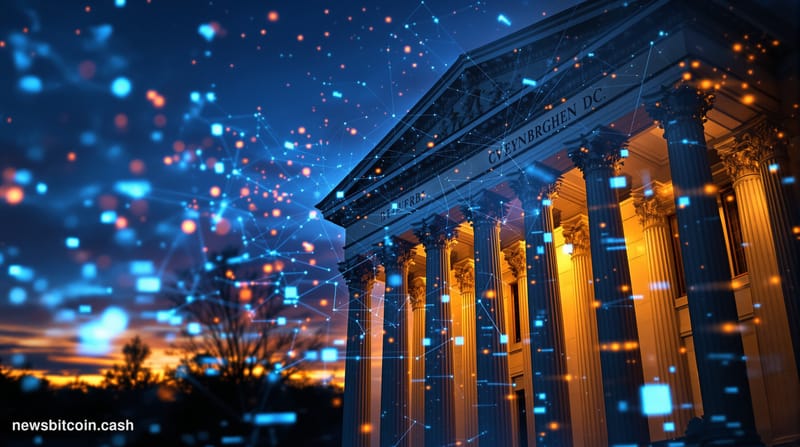 Cinematic photorealistic editorial photograph of the SEC headquarters building in Washington D.C. — the neoclassical facade o