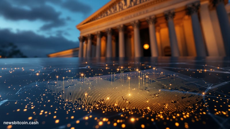A cinematic photorealistic editorial photograph of the SEC headquarters in Washington D.C. — the neoclassical facade of 100 F