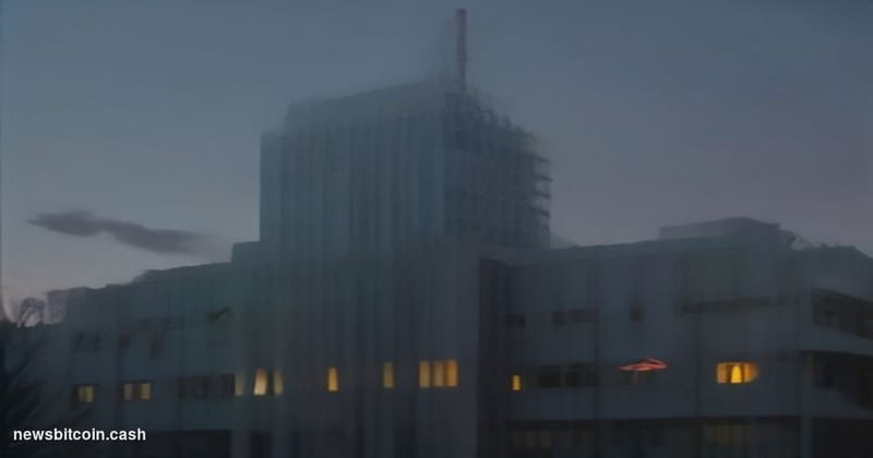 Cinematic photorealistic editorial photograph of the SEC headquarters building in Washington D.C. — the distinctive brutalist