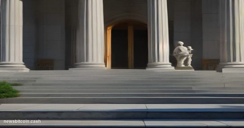 Cinematic photorealistic editorial photograph of the SEC headquarters building in Washington D.C. — the neoclassical facade o