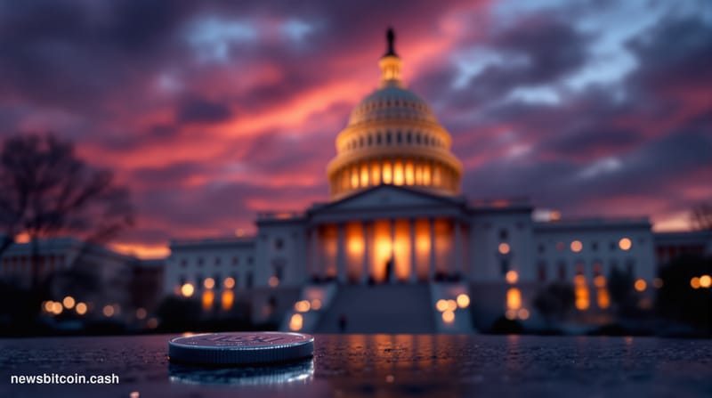Cinematic photorealistic editorial photograph of the United States Capitol building at dusk, shot from a low angle with drama