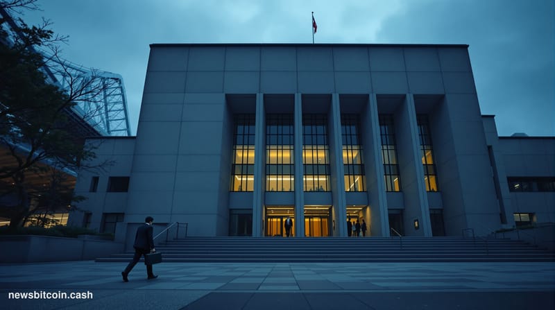 Cinematic photorealistic editorial photograph of the Seoul Central District Court building in Seocho, South Korea, shot from 