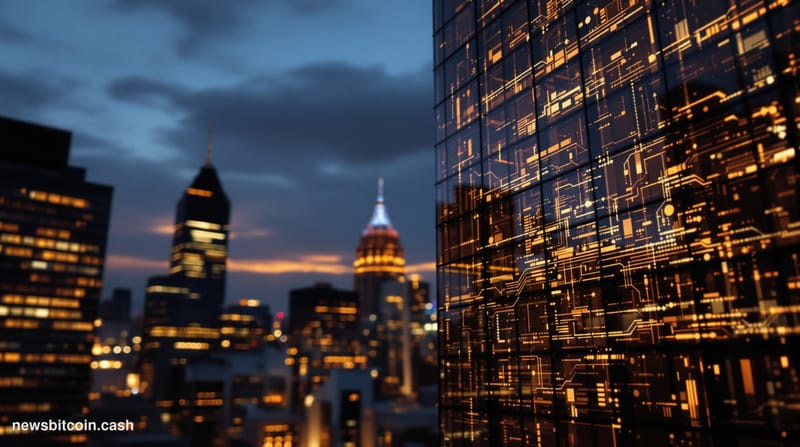 Cinematic photorealistic editorial photograph of the S&P Global headquarters building in Lower Manhattan, New York City, shot