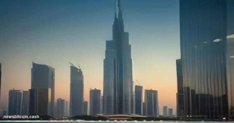 Cinematic photorealistic editorial photograph of the Standard Chartered bank headquarters building in Dubai, UAE, shot at gol