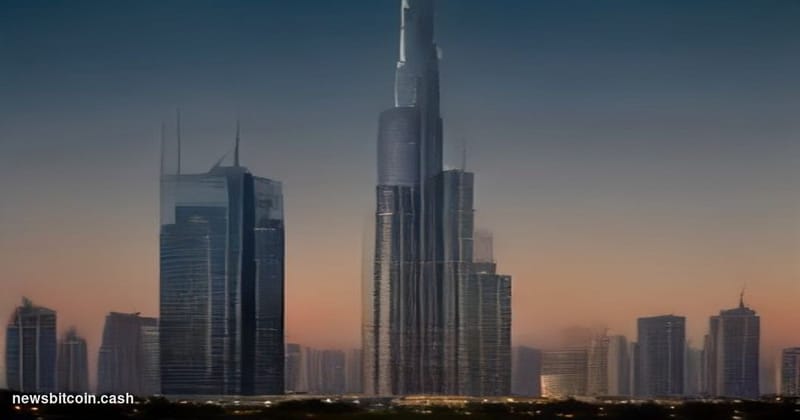 Cinematic photorealistic editorial photograph of the Dubai skyline at dusk, with the iconic Burj Khalifa and DIFC (Dubai Inte