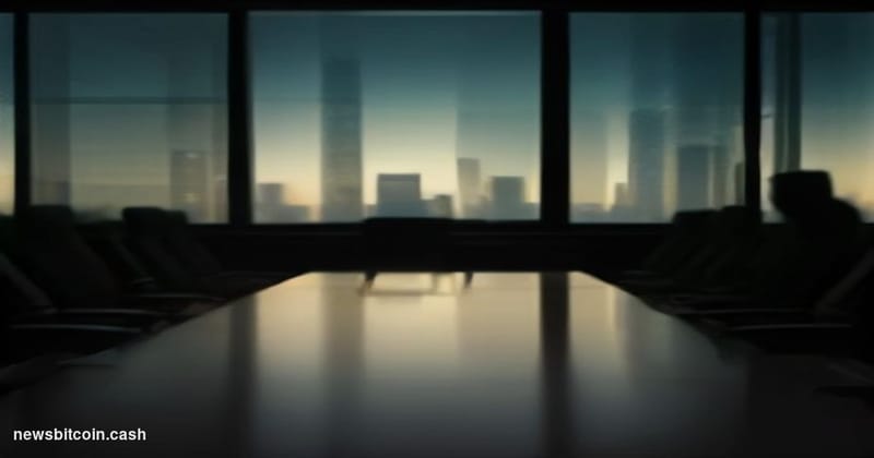 Cinematic photorealistic editorial photograph of a modern corporate boardroom interior, shot from a low angle looking up towa