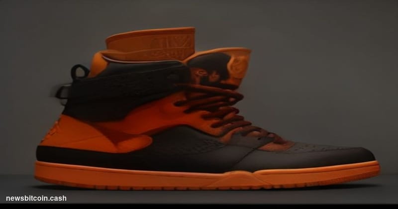 Cinematic photorealistic editorial photograph of a single pair of bold orange-and-black Bitcoin-themed high-top Jordan sneake