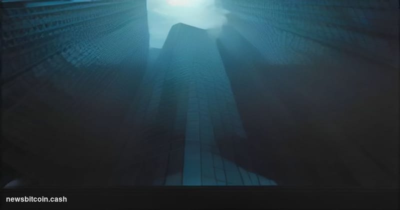 A cinematic photorealistic editorial photograph shot at low angle looking up at the glass and steel facade of a major financi