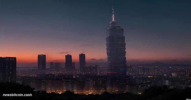 Cinematic photorealistic editorial photograph of Taiwan's Taipei skyline at dusk, with the recognizable Taipei 101 tower risi