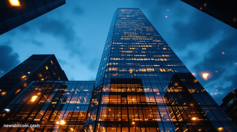 A cinematic photorealistic editorial photograph of a sleek Wall Street-style financial district at dusk, with the imposing gl