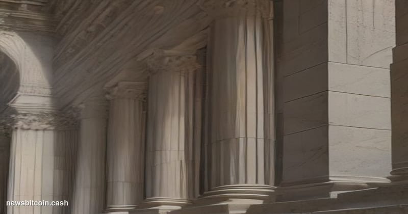 Cinematic photorealistic editorial photograph shot from a low angle looking up at the facade of a Manhattan federal courthous