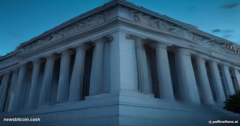 Cinematic photorealistic editorial photograph of the U.S. Department of Justice headquarters in Washington D.C., shot from a 