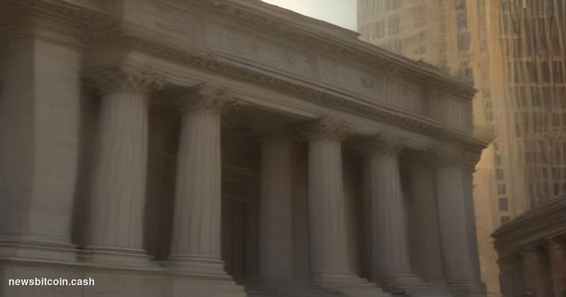 Cinematic photorealistic editorial photograph of the New York Stock Exchange building on Wall Street, shot from a low angle l
