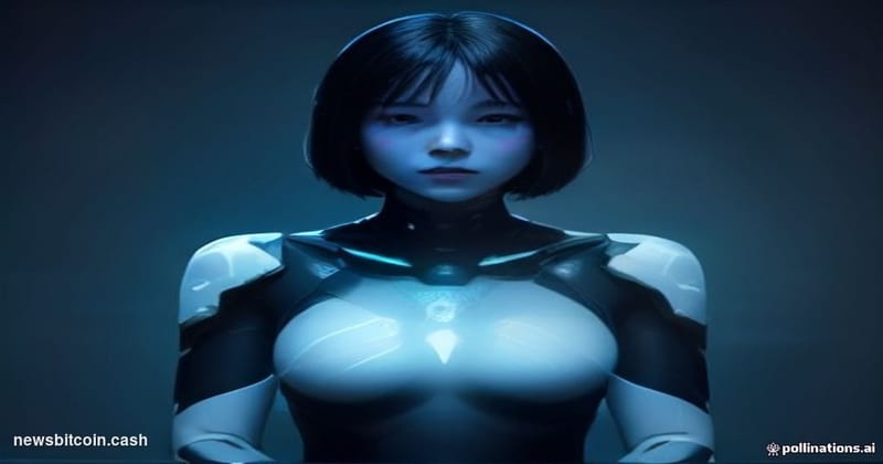 Cinematic photorealistic editorial photograph of a humanoid AI figure seated across from an interviewer at a sleek television