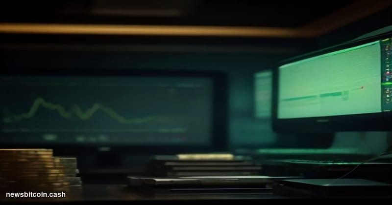 A cinematic photorealistic editorial photograph shot at a low angle inside a dimly lit cryptocurrency trading floor, with mul