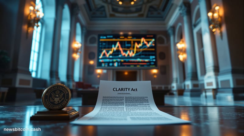 A cinematic photorealistic editorial photograph set inside a grand Senate chamber corridor in Washington D.C., shot from a lo