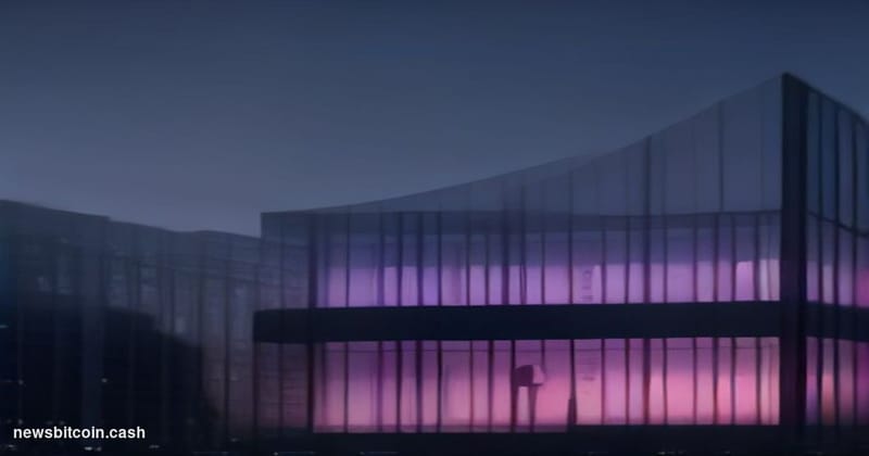 Cinematic photorealistic editorial photograph of a monumental glass-and-steel corporate headquarters at dusk, the building fa