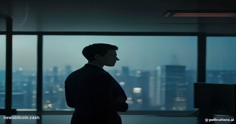 Cinematic photorealistic editorial photograph of a high-floor Wall Street trading floor interior at dusk, dramatic amber and 
