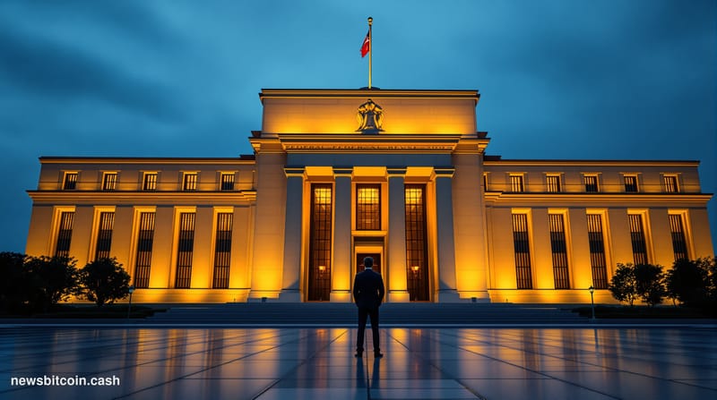 Cinematic photorealistic editorial photograph of the Federal Reserve building in Washington D.C., shot at dusk with dramatic 