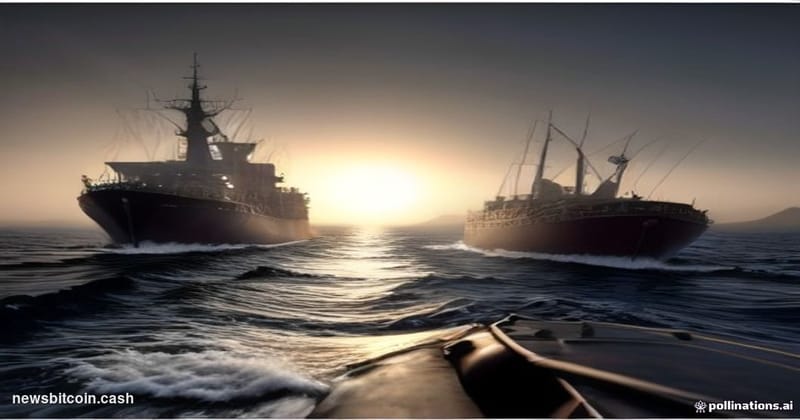 A cinematic photorealistic editorial photograph shot from a low angle at the bow of a massive oil tanker navigating the narro