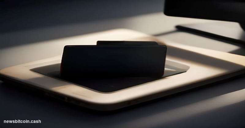 Cinematic photorealistic editorial photograph of a sleek Trezor hardware wallet device resting on a dark matte desk surface, 