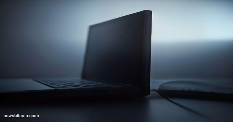 A cinematic photorealistic editorial photograph of a Trezor hardware wallet device — matte black, compact, with a small scree