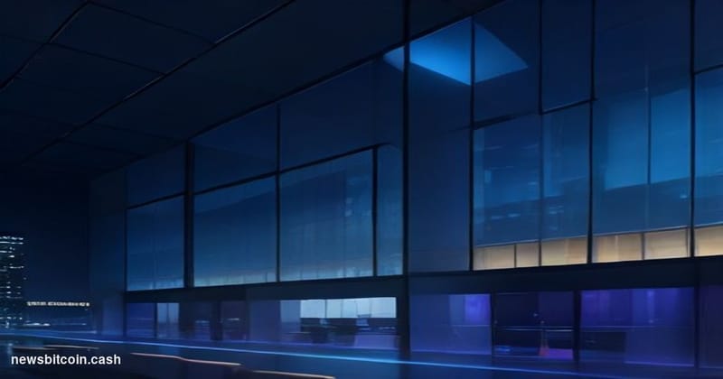 Cinematic photorealistic editorial photograph of a sleek, modern tech company headquarters at dusk in San Francisco's financi