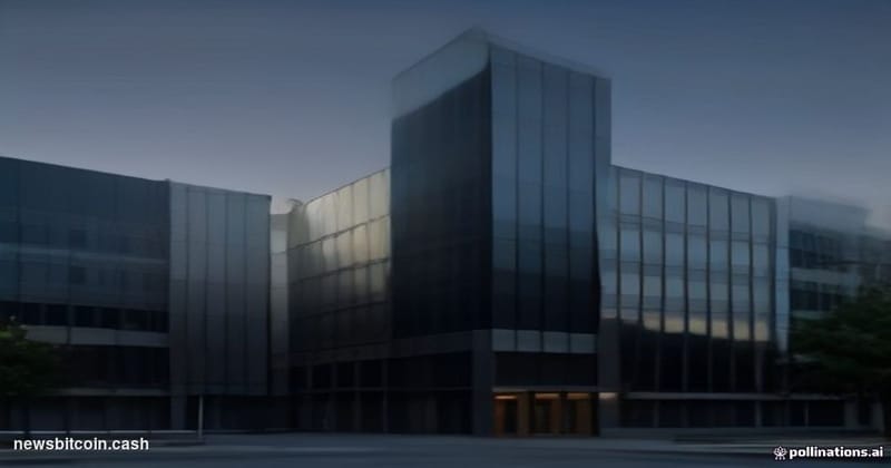 Cinematic photorealistic editorial photograph of Intel's Santa Clara, California headquarters campus at dusk, the iconic blue