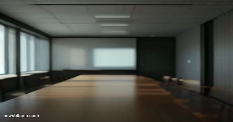 Cinematic photorealistic editorial photograph of a sleek Wall Street-adjacent boardroom interior, shot from a low angle with 