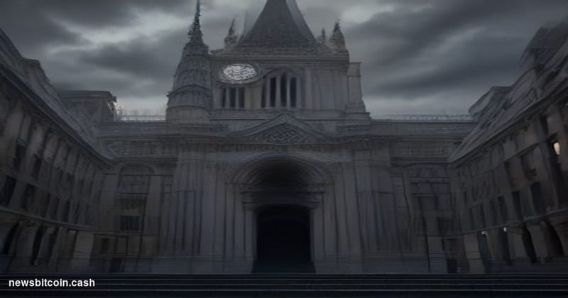 Cinematic photorealistic editorial photograph shot at ground level looking up at the imposing stone facade of Westminster Mag